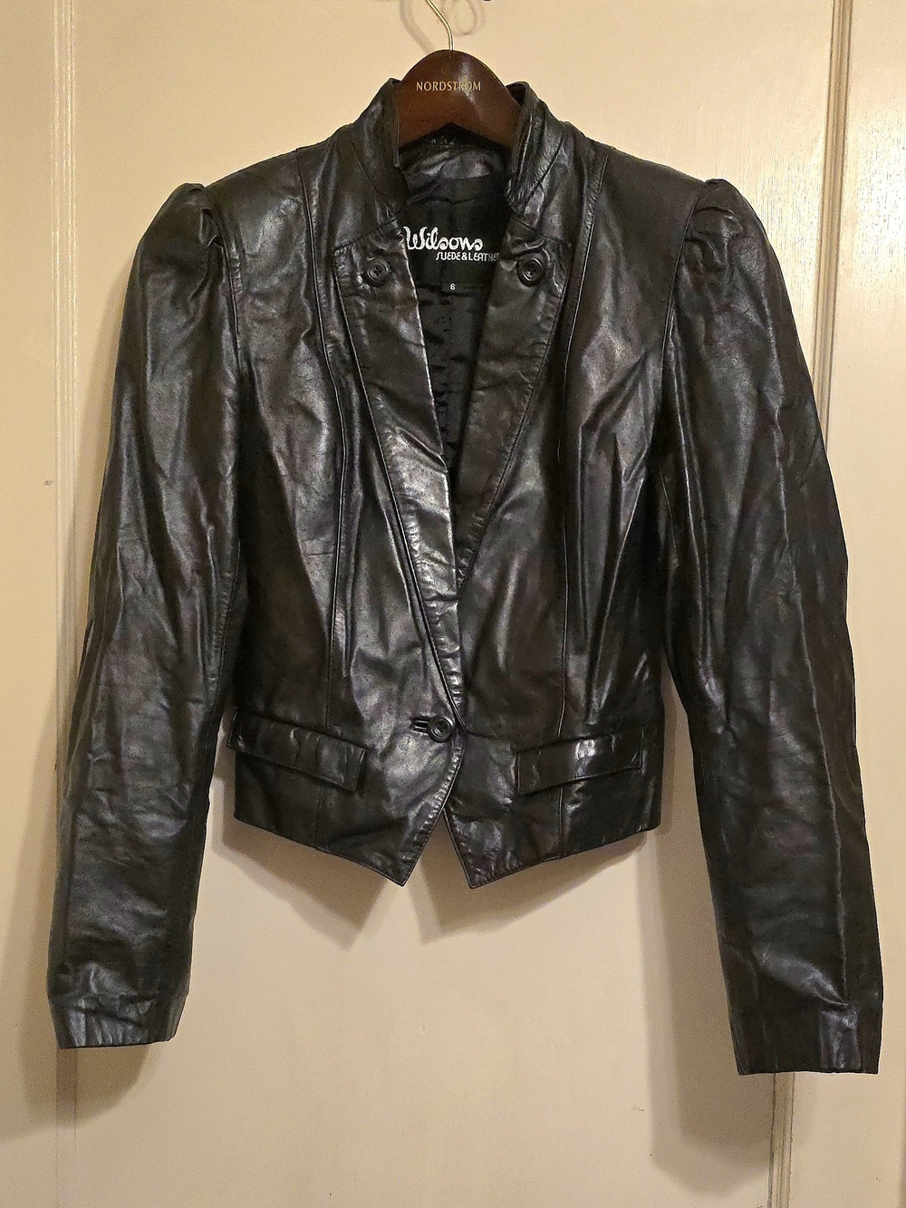 VTG 1980s Wilson Black Puff-Shoulder Leather Blazer Modern Size 0